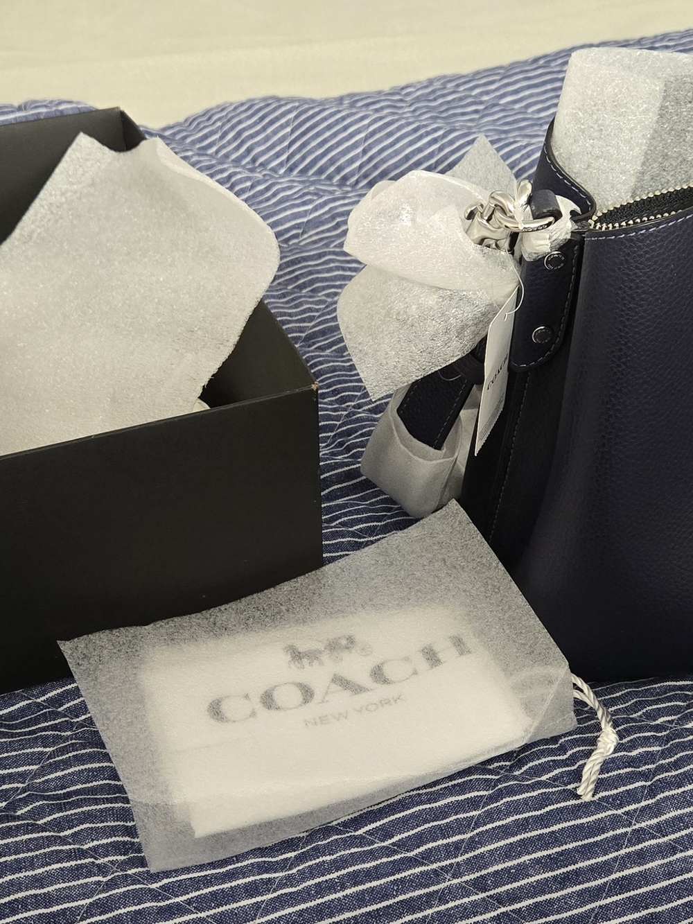Coach Navy Leather Tote with Silver Hardware